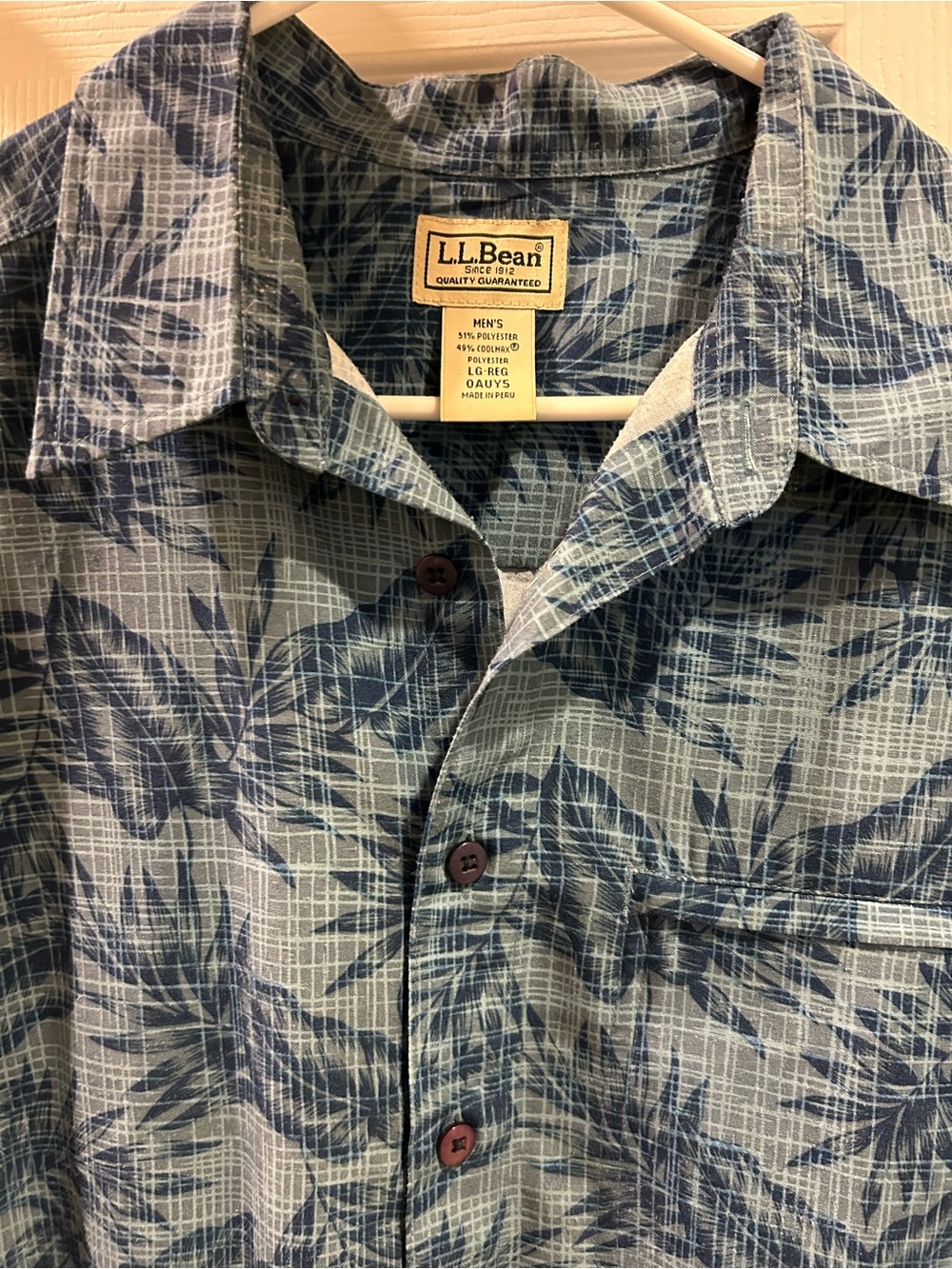 L.L. Bean CoolMax Tropical Palm Leaf Camp Shirt Men's Large Regular Blue Grid